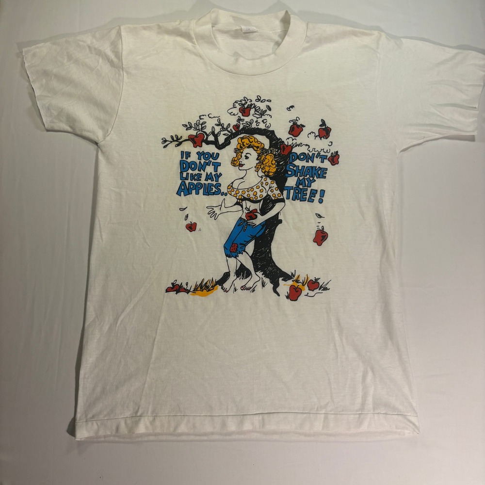 Vintage 80s Don't Shake My Tree Apple Pinup Graphic T-Shirt White Medium USA